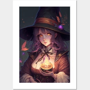 Anime Girl Witch Wizard with fire spell Posters and Art